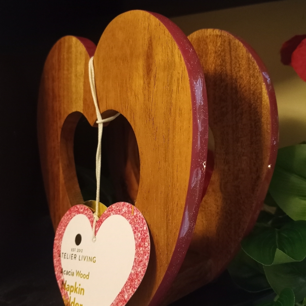 Heart-Shaped Acacia Wood Napkin Holder with Pink Edges